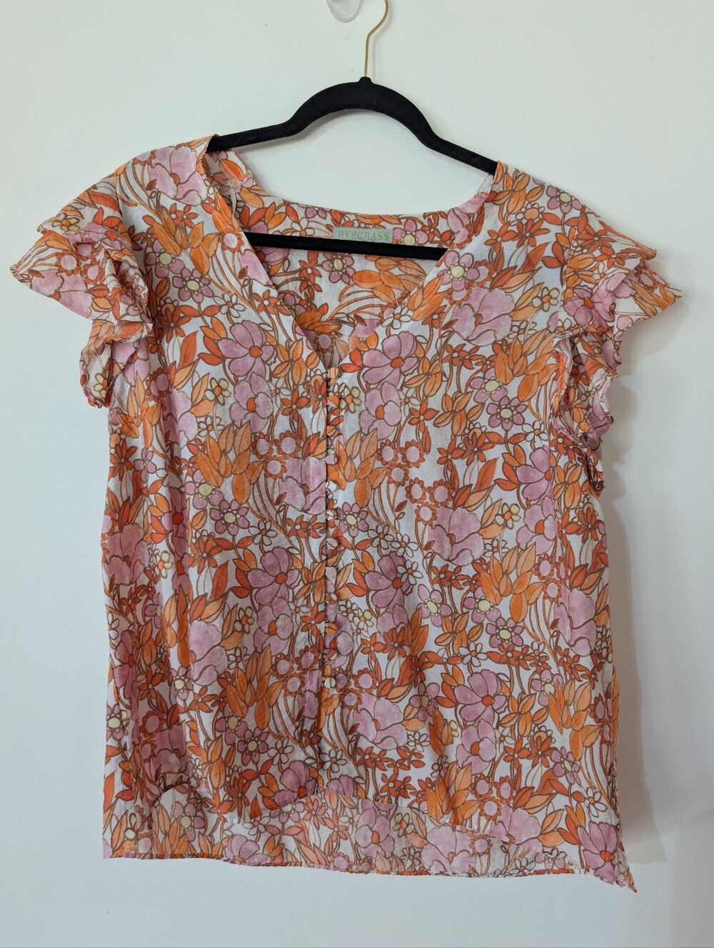 Floral‎ Cap Flutter Ruffle Sleeve Button Up Blouse Pink Purple Orange Sz XL Boho